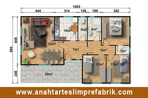 123 metrekare prefabrik ev planı