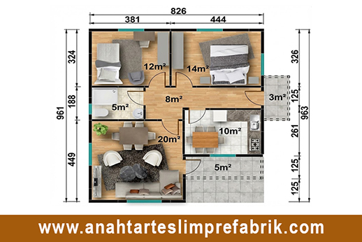 77 metrekare prefabrik ev planı