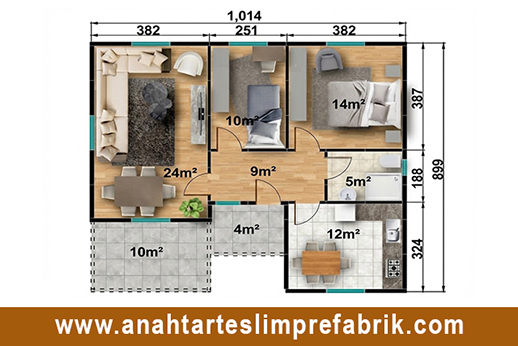 88 metrekare prefabrik ev planı